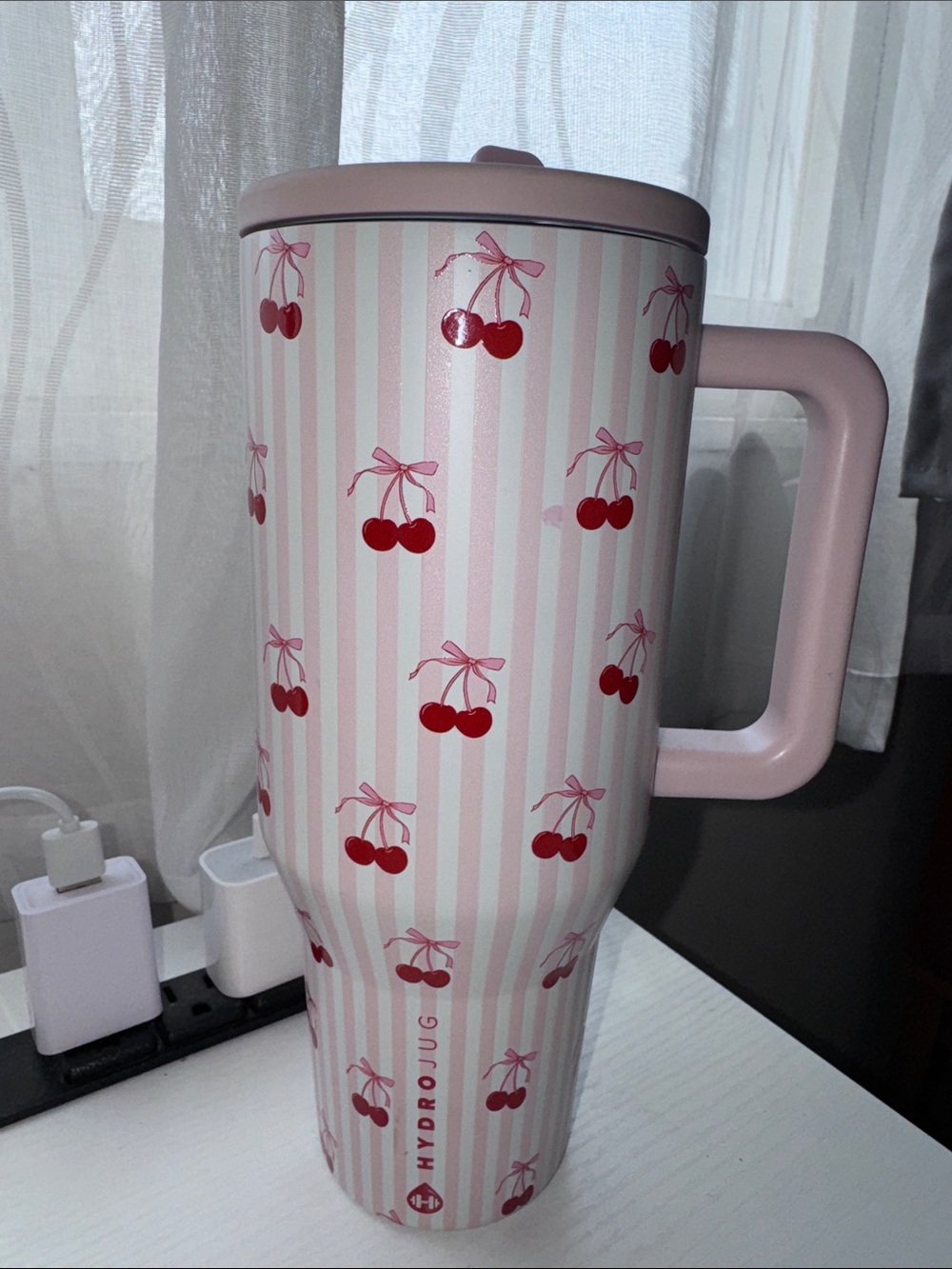 HydroJug Pink and Red Cherry Striped Travel Tumbler